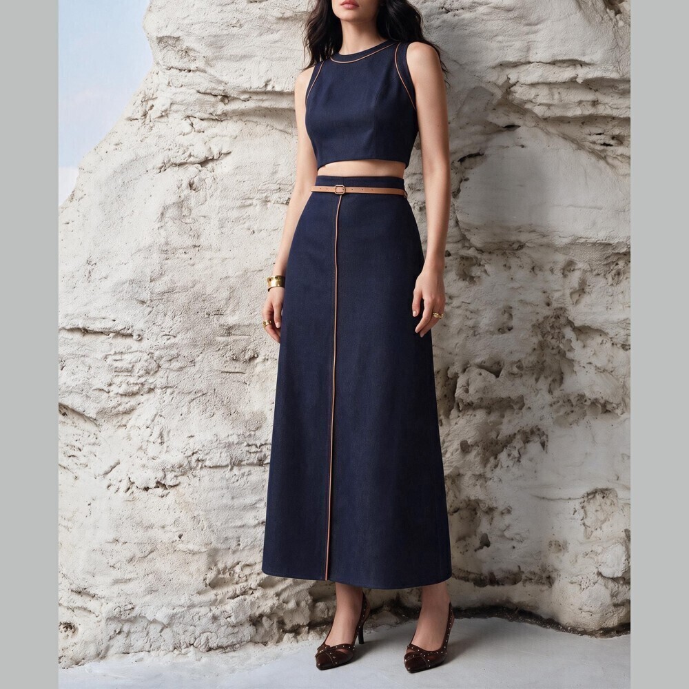Navy Contrast Tan Piping Sleeveless Crop Top and Belted Maxi Skirt Set